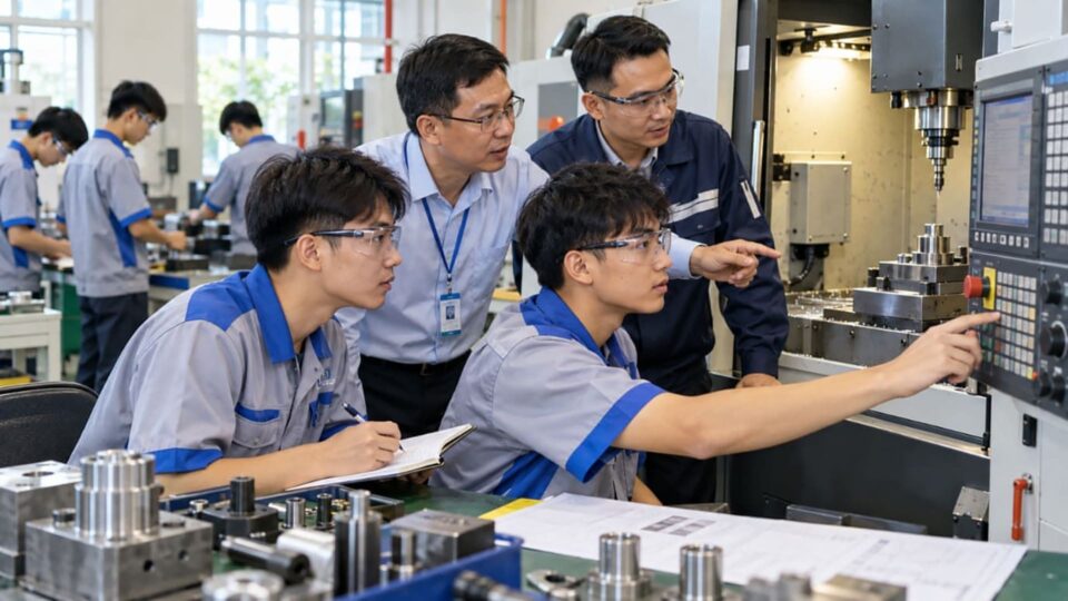 Sinh viên thực hành vận hành máy CNC dưới sự hướng dẫn của giảng viên và chuyên gia kỹ thuật.