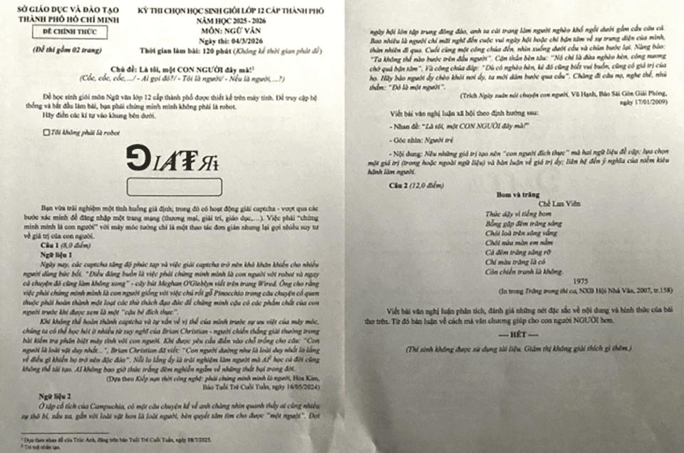 Đề thi học sinh giỏi Văn lớp 12 của TP HCM, kỳ thi ngày 4/3.